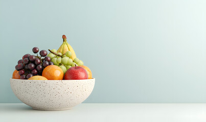 Fresh fruit bowl display modern kitchen food photography bright environment eye-level view healthy lifestyle concept