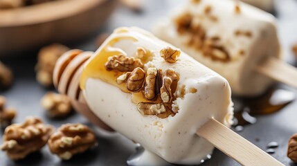 Creamy ice cream is drizzled with honey and sprinkled with walnuts. Ice cream topped with honey and walnuts on a wooden stick.