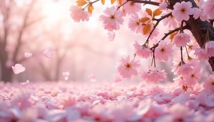 Obraz premium Pink cherry blossoms with falling petals in soft sunlight