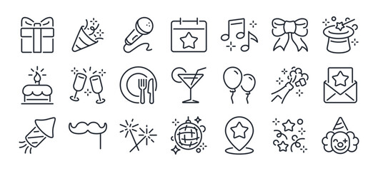 Party, celebration and event planning editable stroke outline icons set isolated on white background flat vector illustration. Pixel perfect. 64 x 64.