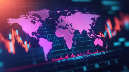 A vibrant digital representation of a world map with colorful data charts, symbolizing global finance and analytics.