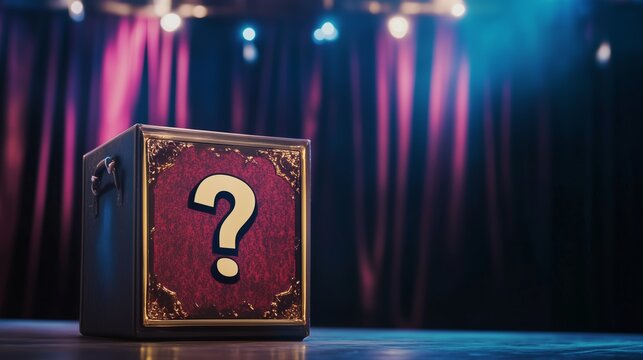 Magician's mysterious box with a question mark sign awaits performance on stage at the evening show. A mystery box with a bold question mark sits on the scene against a curtain illuminated with lights