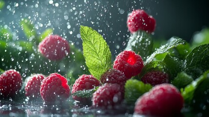 Raspberries and mint leaves in water