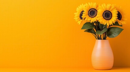 A photostock of vibrant and cheerful sunflowers in a pastel vase, placed against a soft orange background, exuding warmth and positivity. High Quality