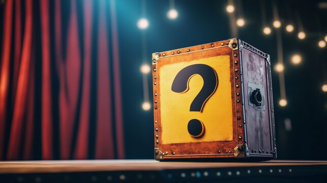 A vibrant yellow magic box is placed prominently against a scene curtain, on stage under sparkling lights. Mystery box on stage with bold black question mark sign at evening show. - Powered by Adobe
