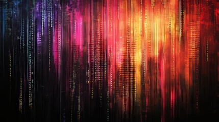 Vibrant abstract digital background featuring colorful patterns and binary data elements