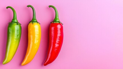 A photostock of vibrant peppers in red, yellow, and green shades, placed on a pastel background, radiating freshness and culinary appeal. High Quality