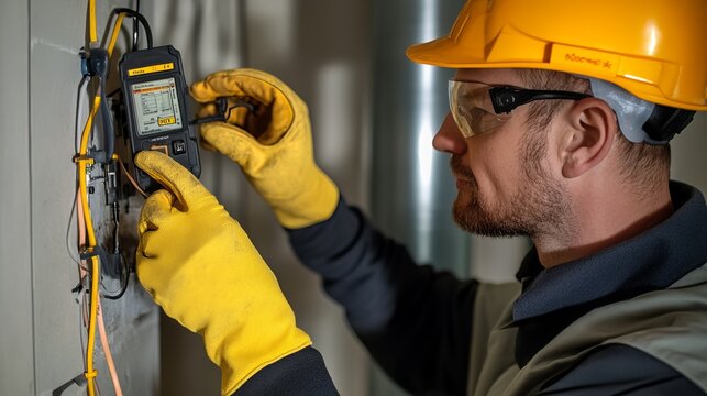 An electrician engineer is performing a task where they are using a tester to measure voltage while working on an electrical system. They are wearing protective gear, including gloves