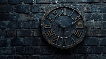 Fototapeta premium Vintage clock on dark brick wall.