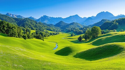 Serene valley landscape with meandering stream, sunlit green hills, and majestic mountain backdrop; ideal for travel brochures