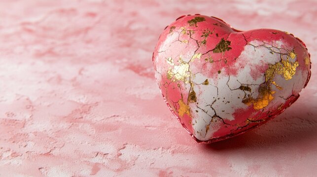 A heart-shaped balloon in deep red, featuring a cracked paint texture in white and gold, suspended against a blurred, soft pink background. - Powered by Adobe