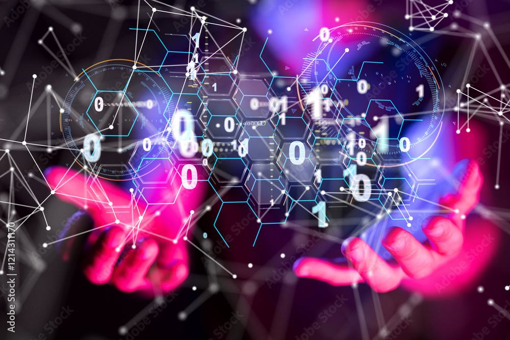 Poster Neural network 3D illustration. Big data and cybersecurity