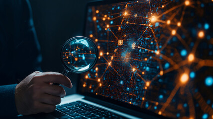 businessman examines digital data on laptop screen using magnifying glass, highlighting importance of analysis in technology and data management