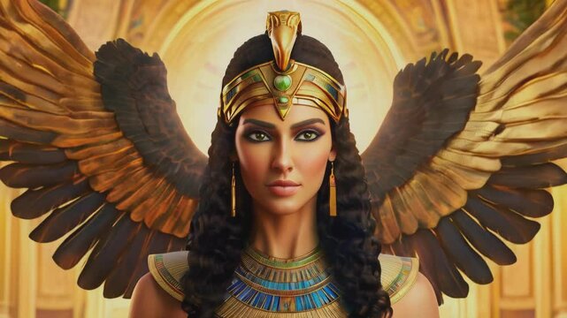 Ancient Egyptian goddess Isis, showcasing her majestic wings and regal presence. This image highlights the mystique and reverence surrounding one of Egypt's most beloved deities.