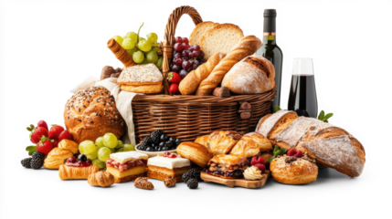 Picnic basket with assorted breads and wine