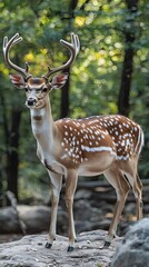 Obraz premium Majestic Spotted Deer Standing Amidst the Verdant Forest Landscape