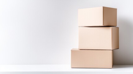 Obraz premium Stacked cardboard boxes on white background, ready for shipping or storage