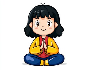 Cute Cartoon Girl with Short Black Hair Meditating in Peaceful Pose