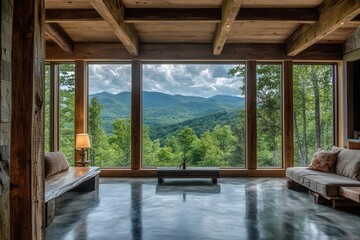 modern rustic mountain retreat featuring reclaimed wood beams, floor-to-ceiling windows, and panoramic forest views