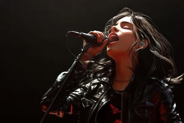 Obraz premium Young Woman Sings Passionately Into Microphone