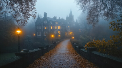 Obraz premium A Victorian town street at night is cloaked in dense fog, illuminated by bright street lamps that cast a ghostly glow, enhancing the mysterious and cinematic mood of the scene.