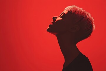 Woman with Short Hair Silhouetted Against Red Background