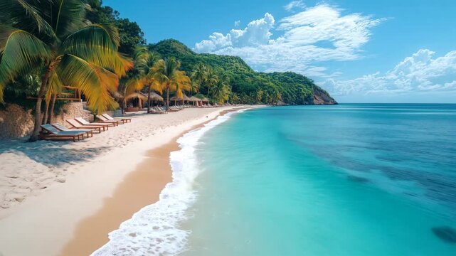 Karibischer Strand mit Palmen und t&uuml;rkisblauem Meer

