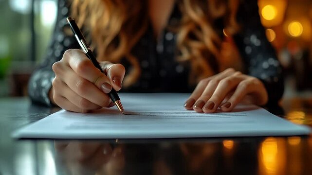 Frau unterschreibt Dokument mit F&uuml;llfederhalter

