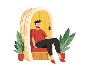 Relaxing Man Sitting in Stylish Wooden Chair Surrounded by Plants
