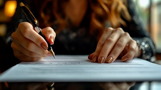 Frau unterschreibt Dokument mit F&uuml;llfederhalter

