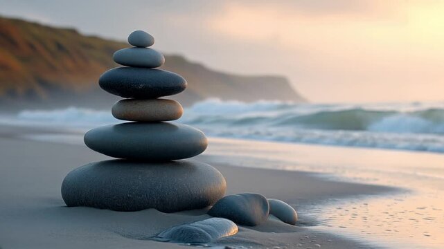 Steinbalance am Strand bei Sonnenuntergang

