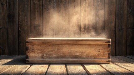Wooden crate on rustic wood floor with light and dust.