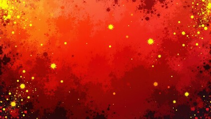 A mesmerizing abstract backdrop featuring vibrant red and yellow hues with scattered yellow stars. A smooth gradient transitions from red to orange and yellow, culminating in an intriguing black splot