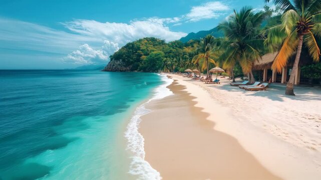 Karibischer Strand mit Palmen und t&uuml;rkisblauem Meer

