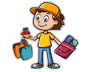 Happy Boy with Bags and Gifts Wearing Bright Cap and T-Shirt