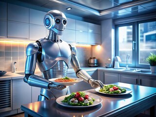 Futuristic Robot Chef Prepares Meal via Holographic Interface in Sleek Kitchen