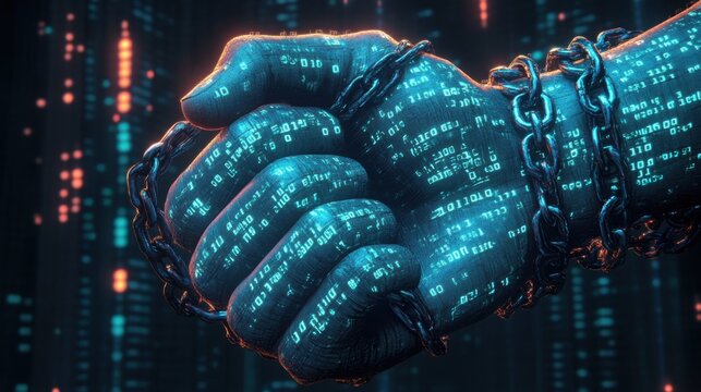 A powerful fist covered in glowing binary code breaks free from heavy chains on the wrist, representing the struggle against digital oppression in a high-tech landscape