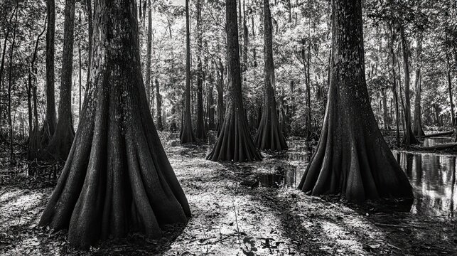 Cypress trees swamp sunlight path nature tranquility photography - Powered by Adobe