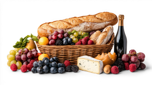 Picnic basket with bread and fruit on transparent background