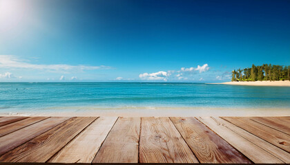 Fototapeta premium Tranquil Beach Scene Wooden Deck, Blue Ocean, Sandy Shore, Generated image