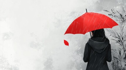 A woman with a red umbrella on a rainy day