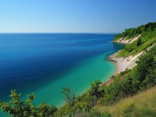 Obraz premium Coastal cliff overlooking turquoise bay, sunny day; travel, nature background