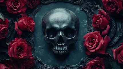 Gothic Halloween invitation with skull and roses, dark background, elegant and spooky 