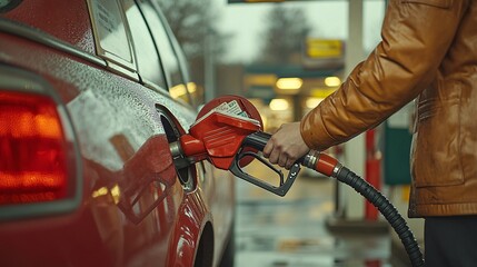 Close-up of a person pumping gas into a car at a gas station, capturing the everyday moment of fueling up and the convenience of modern refueling.