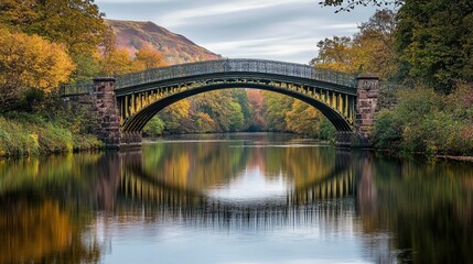 Fototapeta premium Elegant iron bridge spanning across a calm river with a scenic natural backdrop, no people