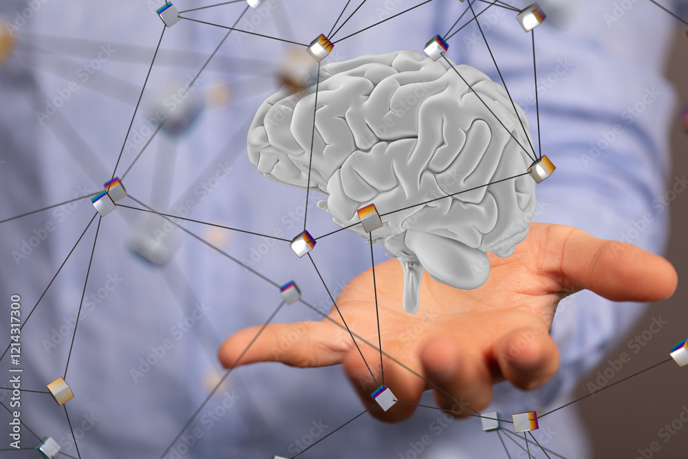Poster Human brain activity with plexus lines.. External cerebral connections in the frontal lobe.