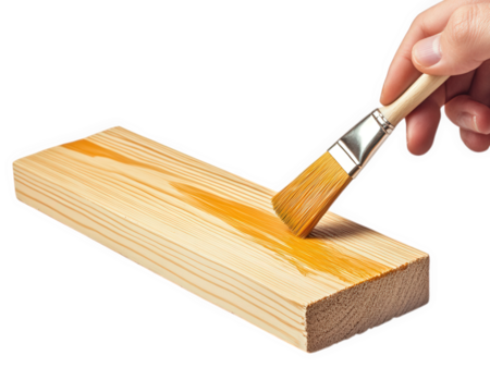 hand holding brush applies varnish to wooden plank, showcasing craftsmanship and attention to detail. This captures essence of woodworking and DIY projects