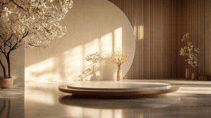 Minimalist Product Display Platform with Blossoming Branches and Warm Sunlight
