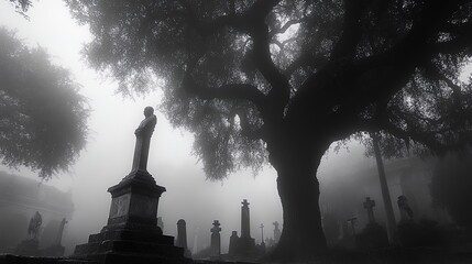 Foggy cemetery with twisted trees, gravestones, and creepy statues, ghostly presence 