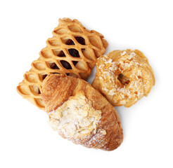 Different delicious sweet pastries isolated on white, top view